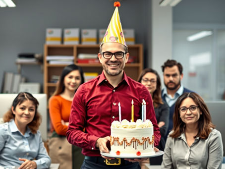 A man holding a cake with candles, surrounded by team mates.