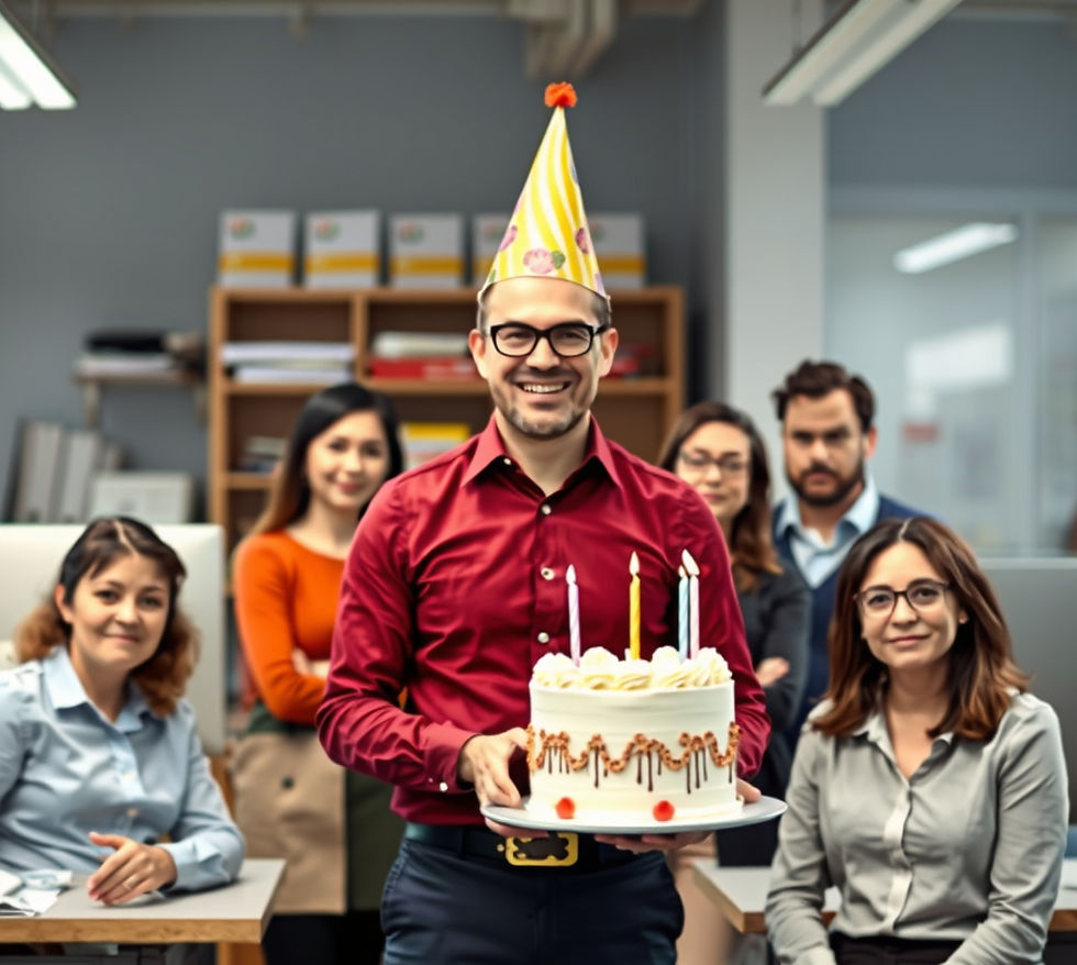 A man holding a cake with candles, surrounded by team mates.