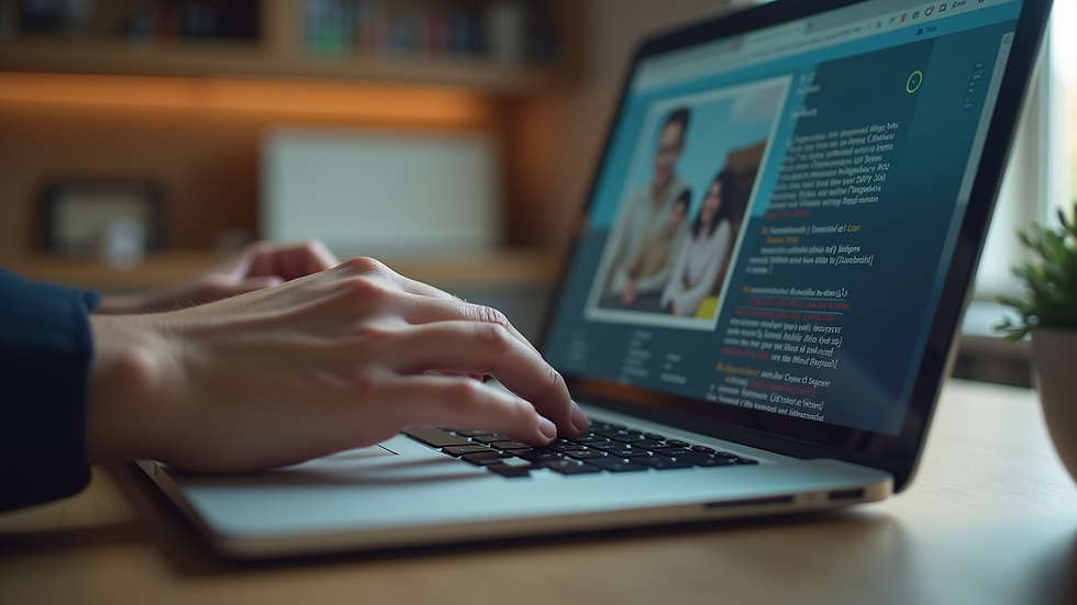 close-up of hands typing on laptop keyboard with website builder open