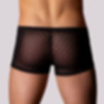 Back view male model wearing captivating classic mini short trunks in black sheer stretch mesh with ruby red dots.