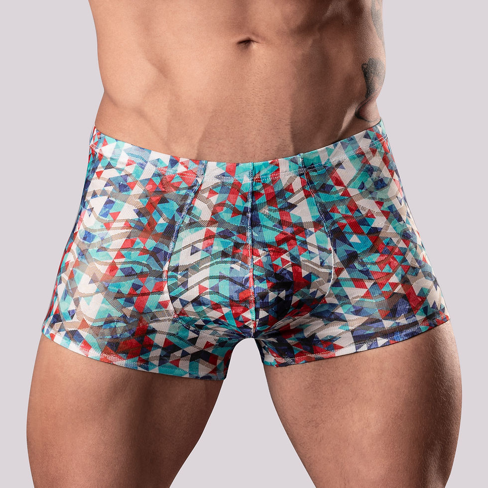 Thumbnail:  Eye-catching multi color bright geometric contemporary men's trunk shorts underwear shown close up front view.