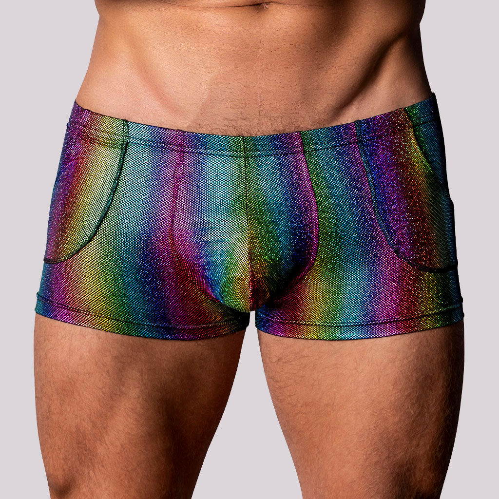 Front view male model in sleek metallic rainbow short underwear with front hip pockets for valuable goods. Comfortable.