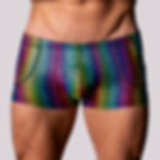 Front view male model in sleek metallic rainbow short underwear with front hip pockets for valuable goods. Comfortable.
