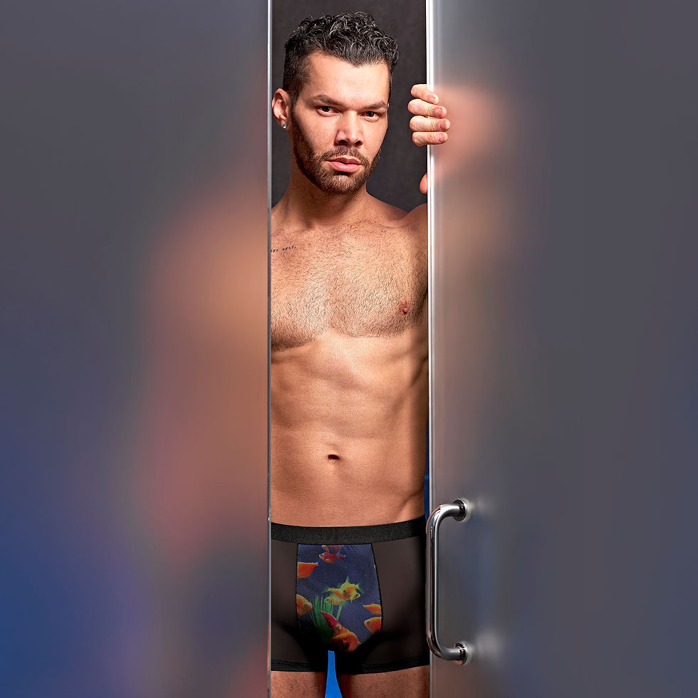 Thumbnail: Eye-catching male peeking through doorway in sheer black trunk shorts with fun fishbowl design on pouch shown close up.