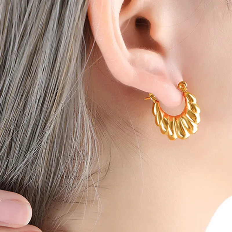Thumbnail: Twisted Bamboo Gold Hoop Earrings - Small Stainless Steel