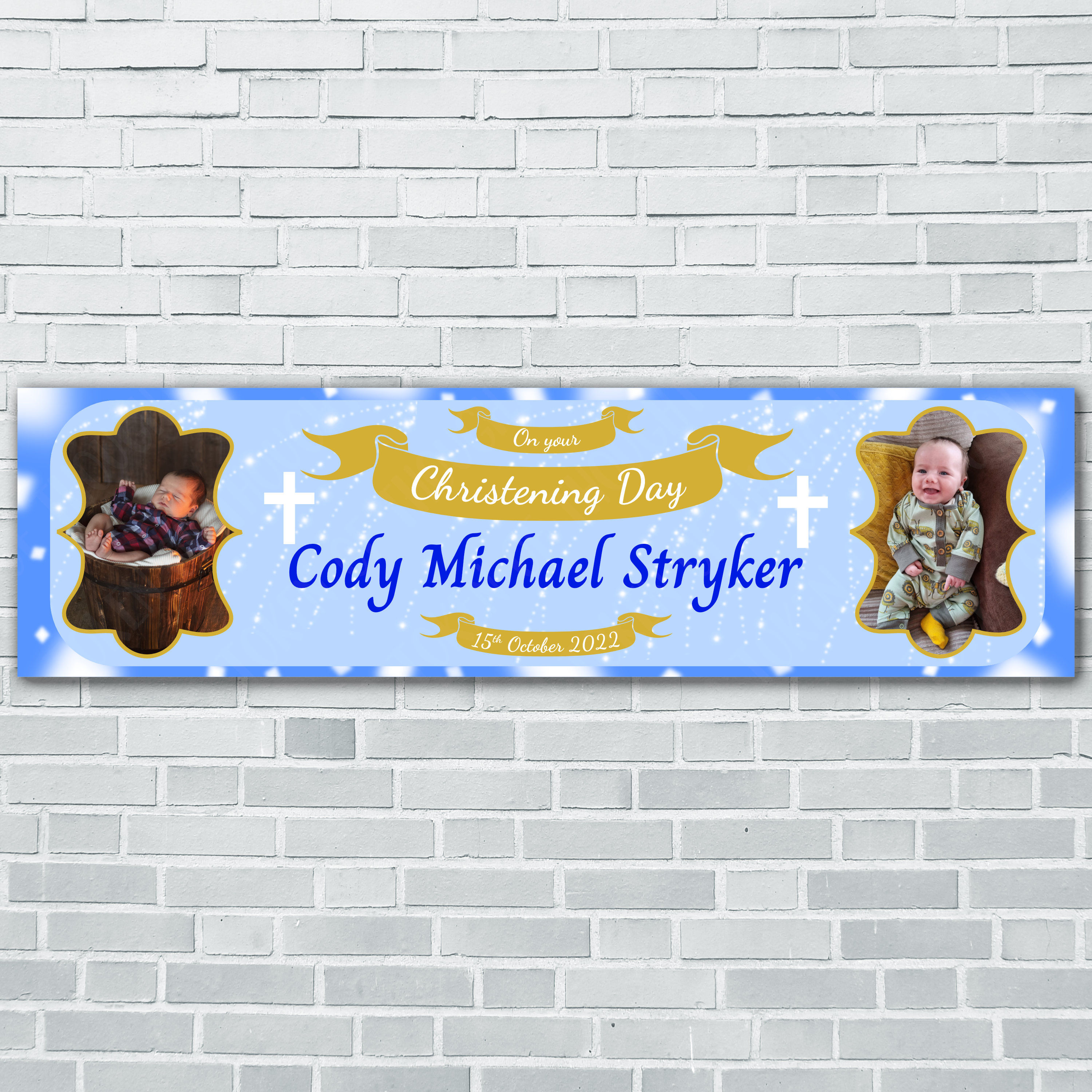 Personalised Christening Banner - Blue, Gold and Photos