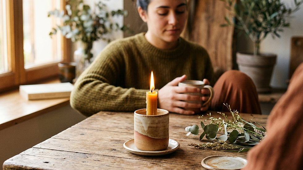 Plano detalle de una vela encendida sobre una mesa de madera