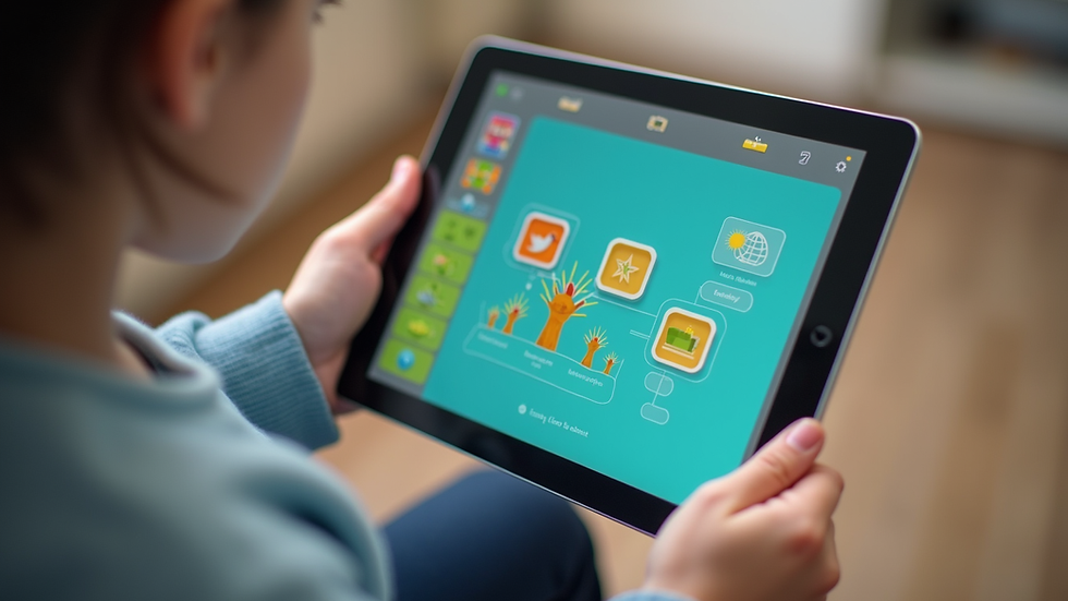 Close-up view of a tablet displaying a colourful educational app