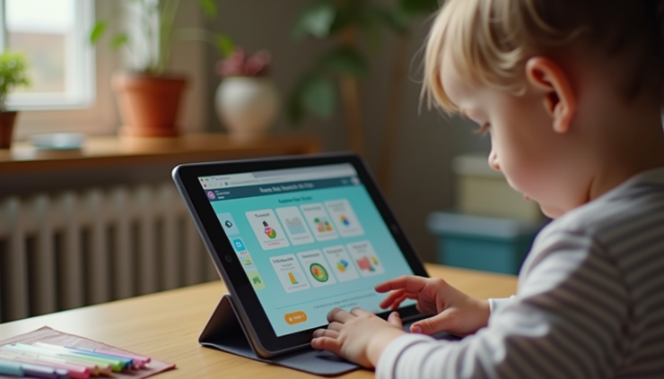 Close-up view of a child using a tablet with educational software in a home setting