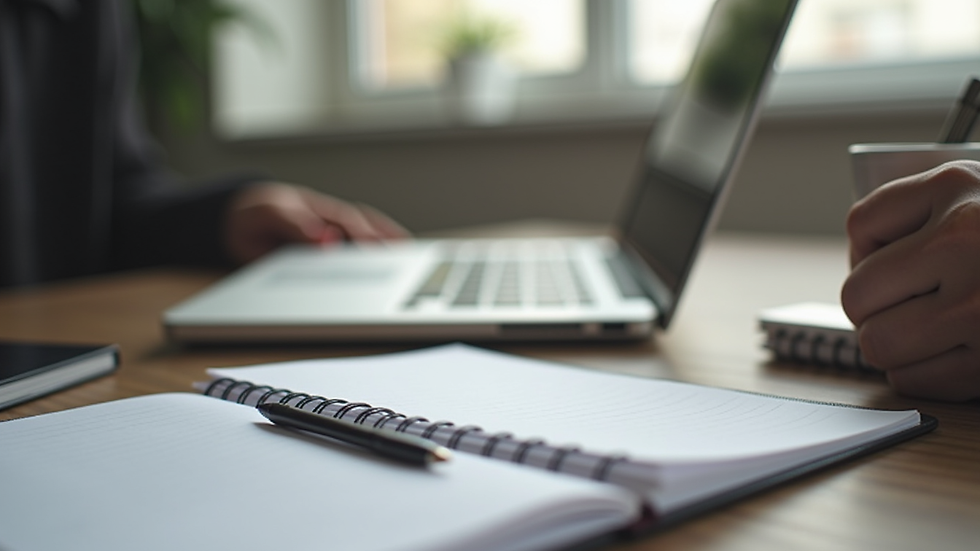 Close-up view of a desk with a notebook, pen, and tablet ready for an online lesson