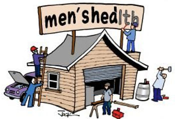 A cartoon image of possible activities in a Men's Shed.