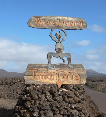 An image of the entrance sign of Timanfaya National Park in Lanzarote, Spain.