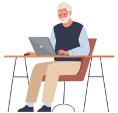 Image of a cartoon retiree at computer