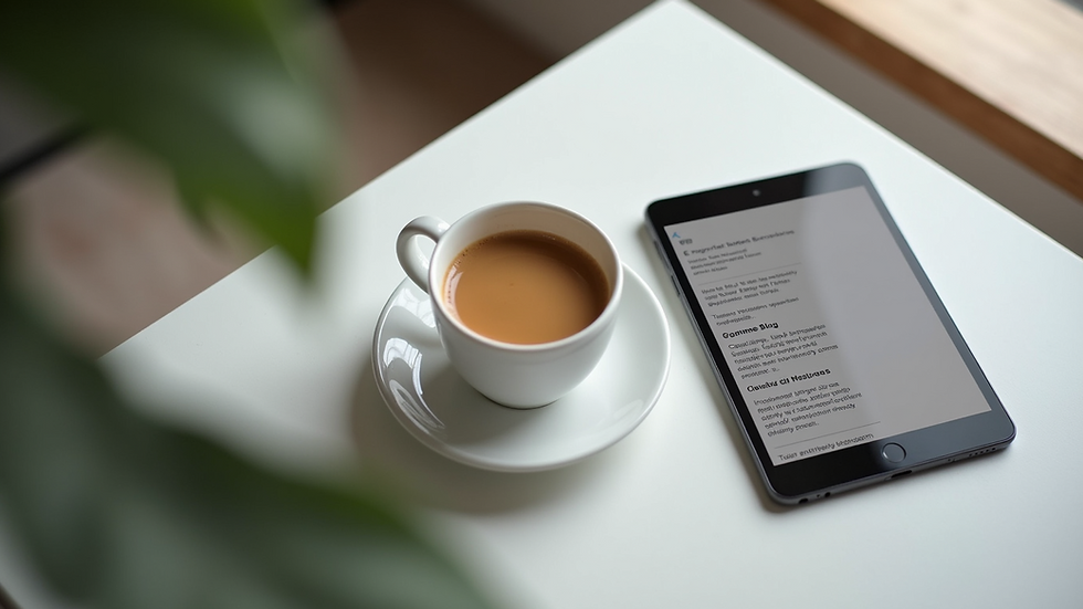 High angle view of a cup of coffee next to a tablet showing a blog post