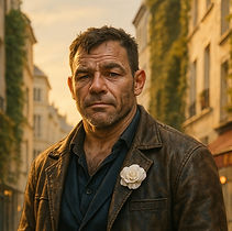Two twin boys standing side to side with blue pants and white shirts. The right boy holding a sandwicg