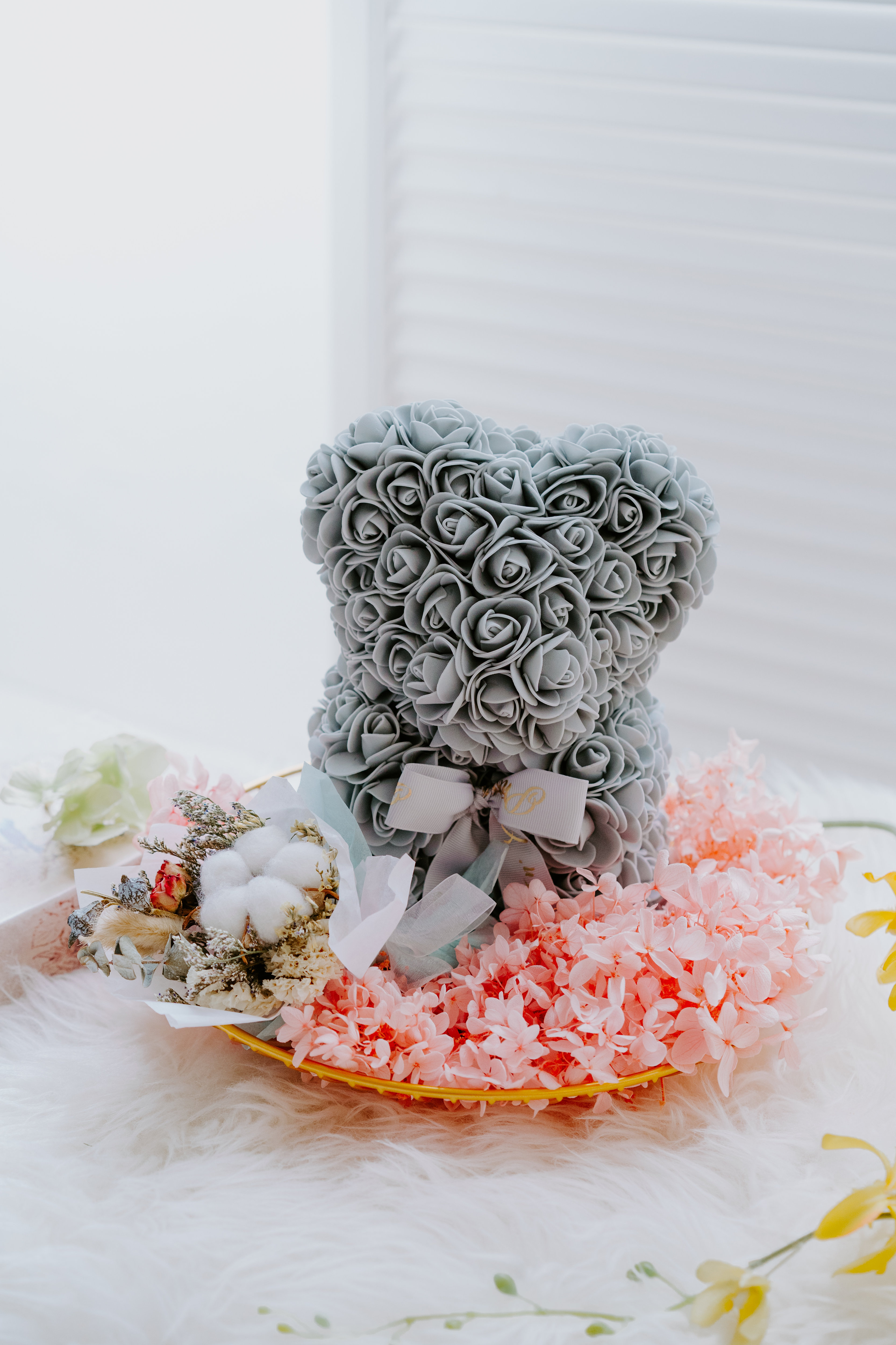 現貨 25cm高 灰色 玫瑰熊仔永生繡球花 只限自取或司機送貨 Photo N Gift