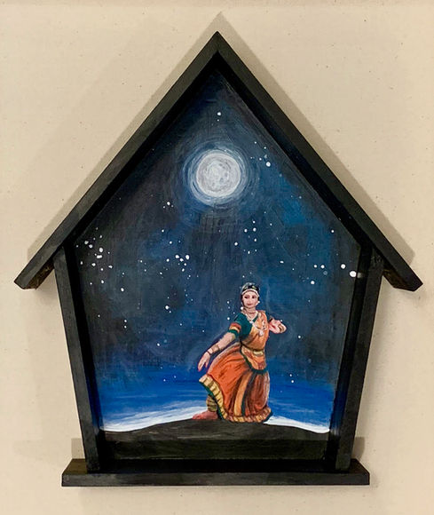Mixed media portrait of an Indian dancer on wood. 