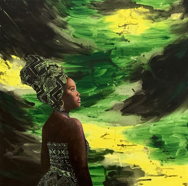 Profile portrait of a Africa woman with an abstract background in colors of green, black and yellow. 