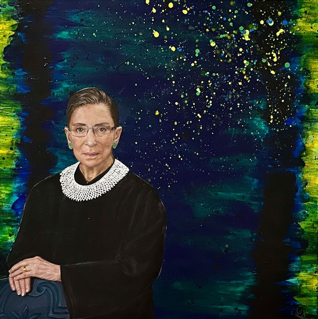 Portrait of Supreme Court Justice, Ruth Bader Ginsburg with an abstract background in dark blue and yellow. 