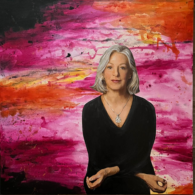 Portrait of actress and author,  Jane Alexander with an abstract background in various pinks and orange. 