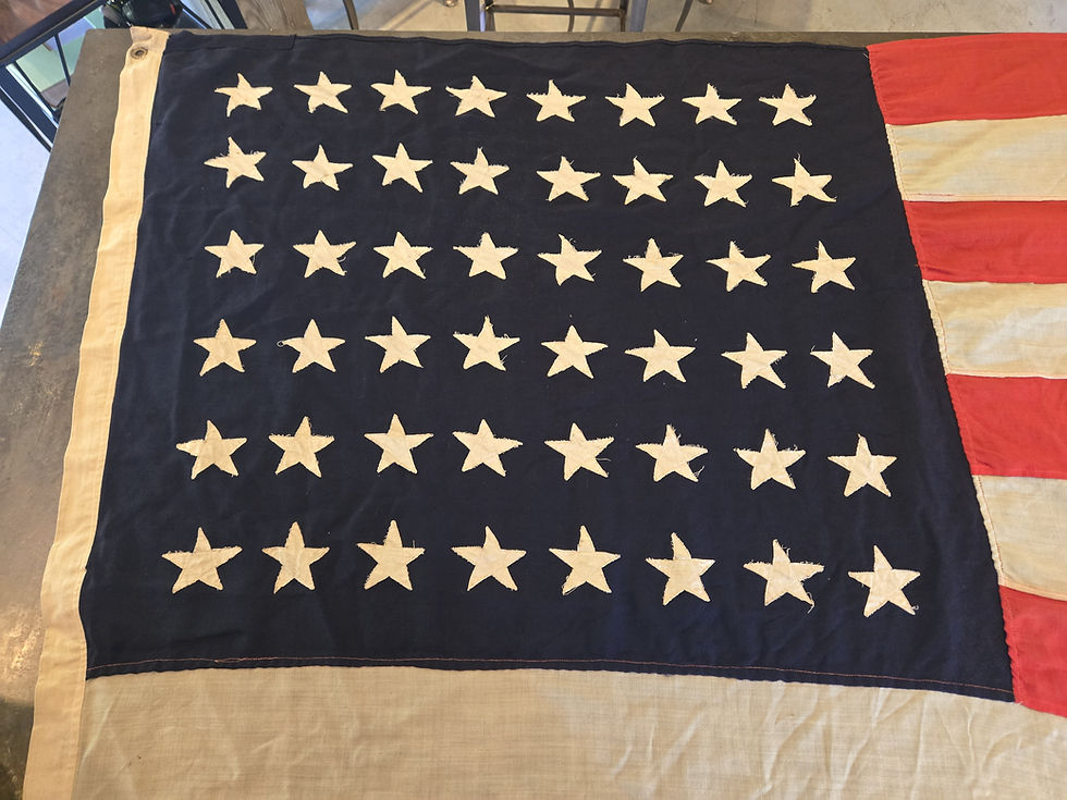 Thumbnail: Close up view of 48 white fabric stars on vintage American flag.