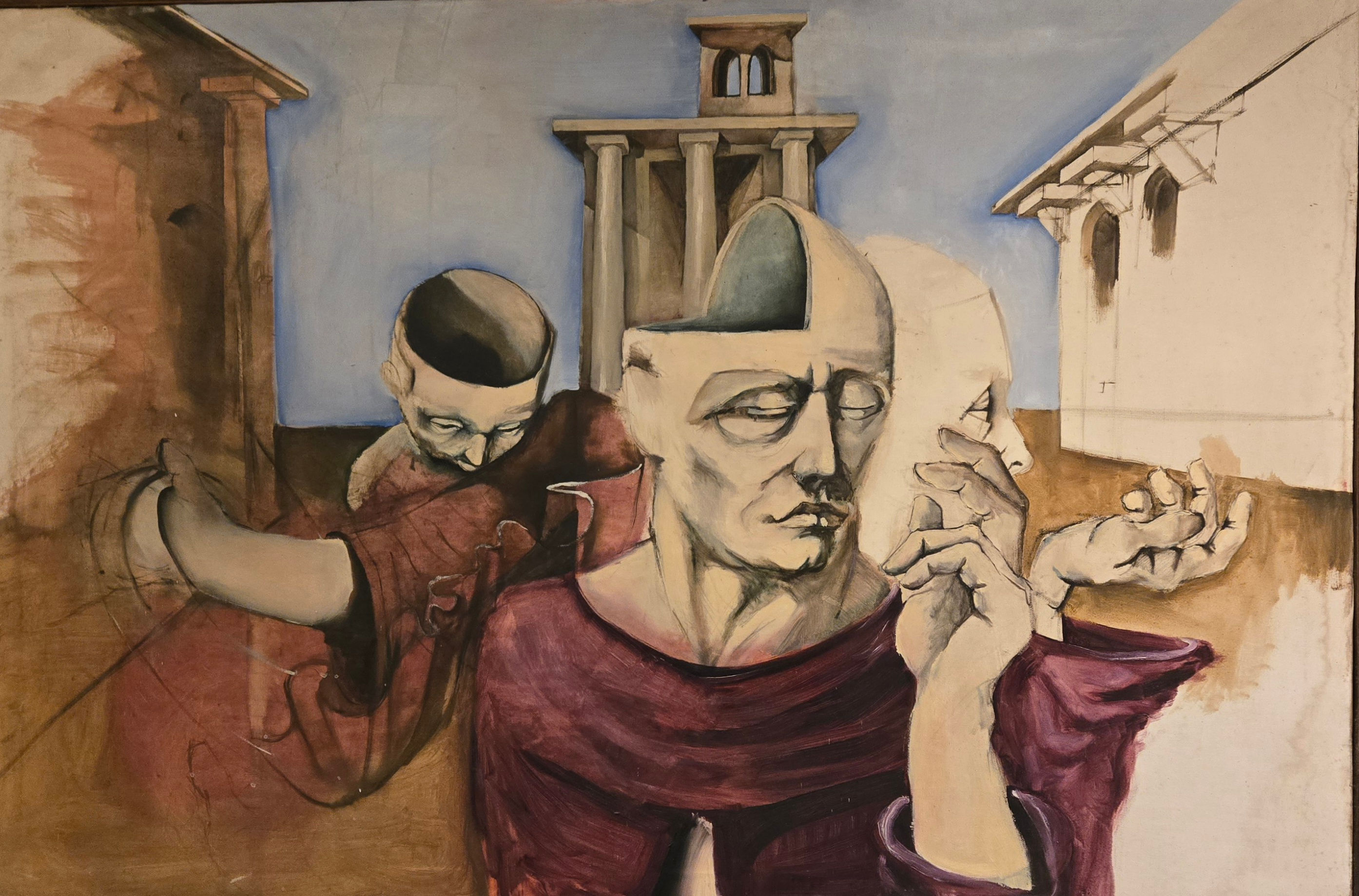 Large oil painting showing a surreal figurative scene with abstracted human forms set against a dreamlike background.
