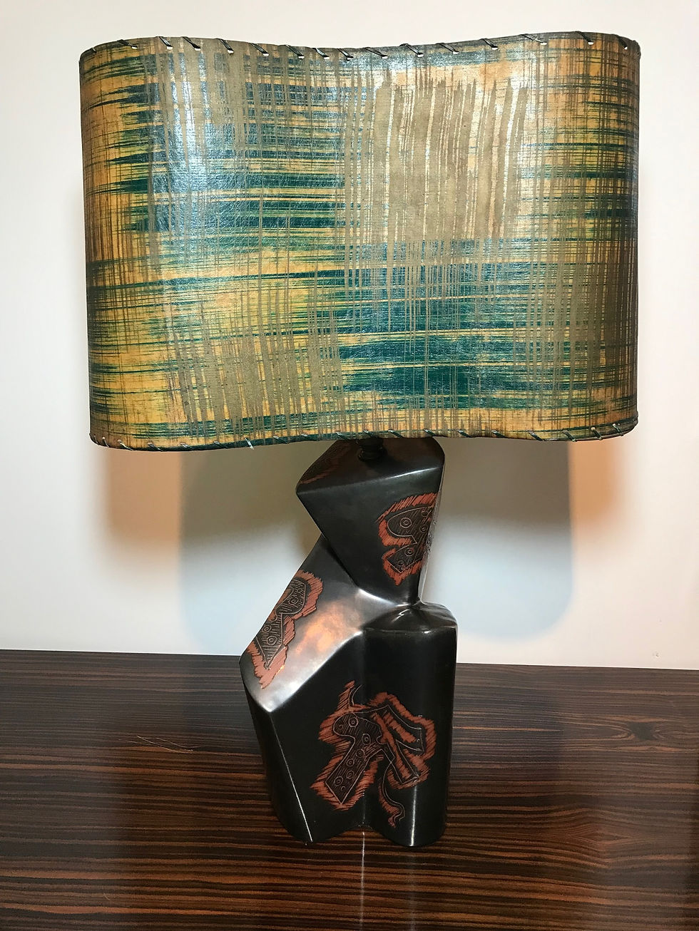 Thumbnail: Black Marianna Von Allesch Table Lamp with unique shade, sitting on surface.