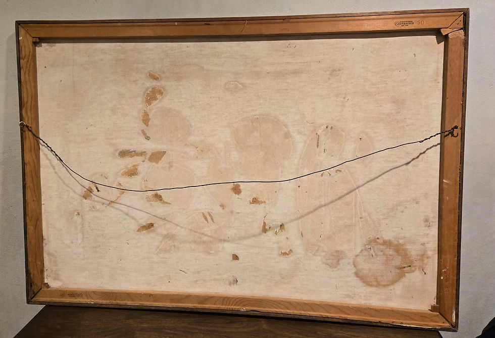 Thumbnail: Backside view of vintage oil painting showing canvas toning, wood frame and wire hanger.