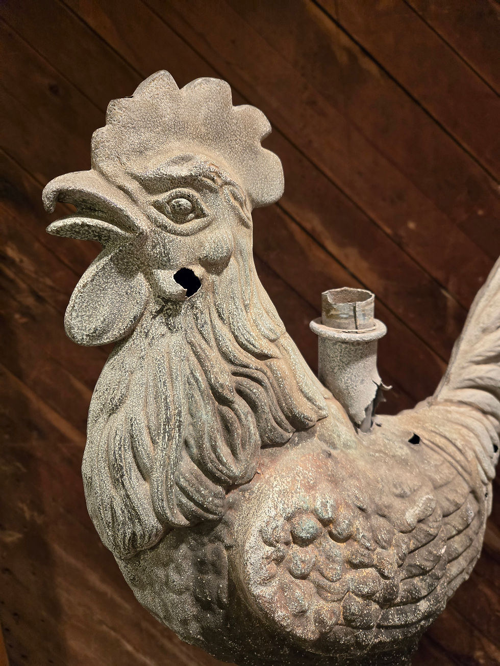Thumbnail: Antique Full‑bodied French cast zinc rooster weathervane close-up of face and beak.