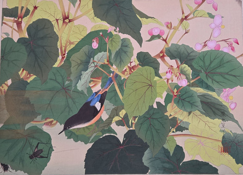 Tsuchiya Rakusan: Flowering Begonias and Small Bird with Brown Breast | Joseph Stannard Antiques and Design
