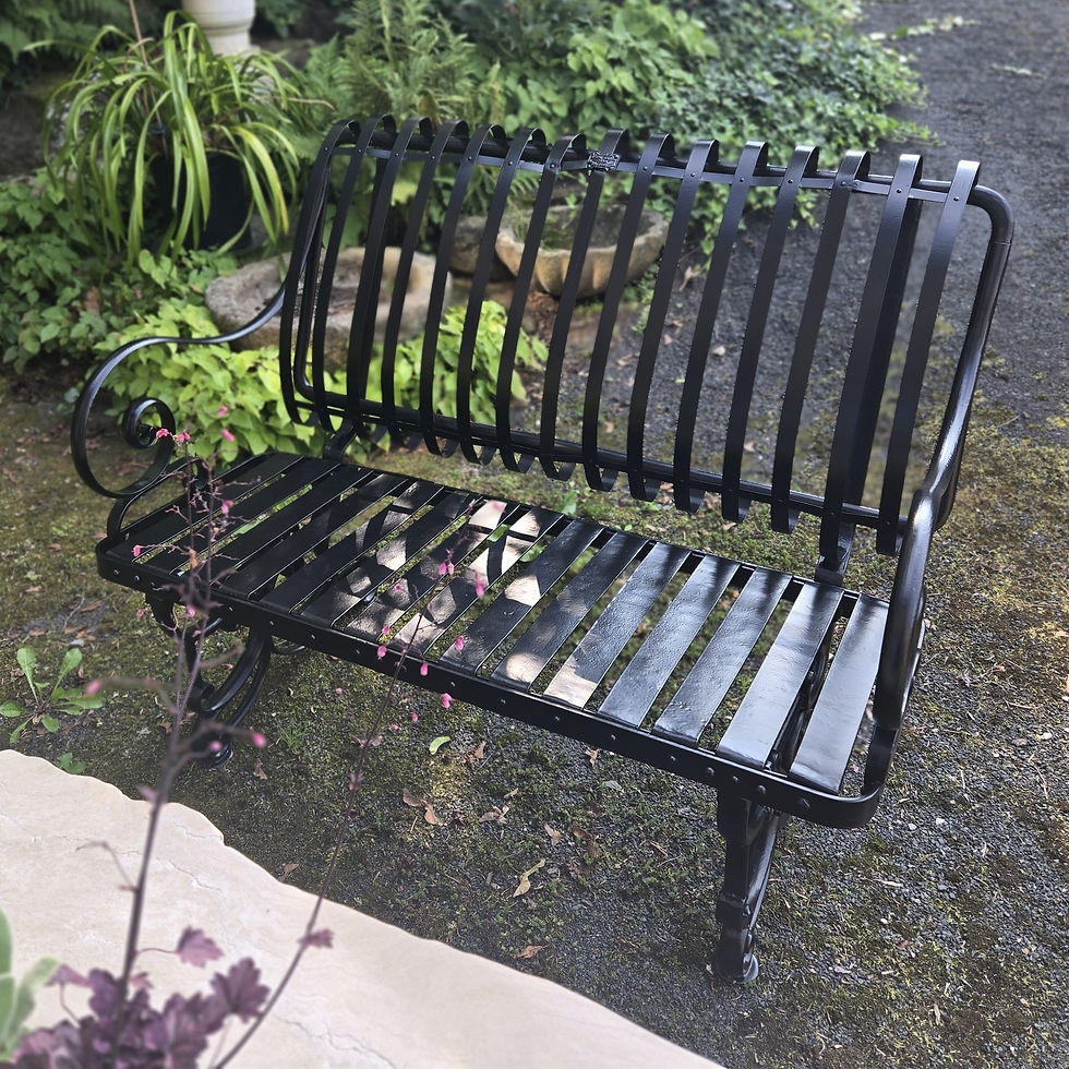 Black metal bench in a garden with green plants and foliage scene. Saint Sauveur
