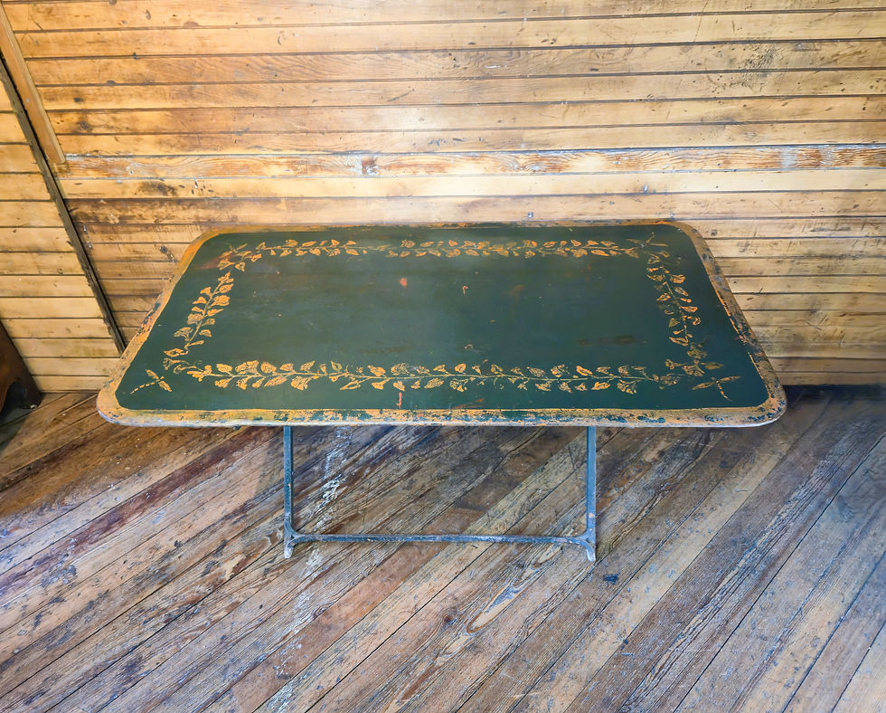 Antique French Folding Garden Table with green top and floral detailing.