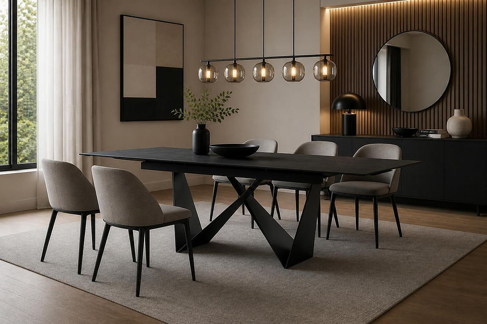 Modern dining room with black table, beige chairs, pendant lights, round mirror, and minimal decor beside a window.