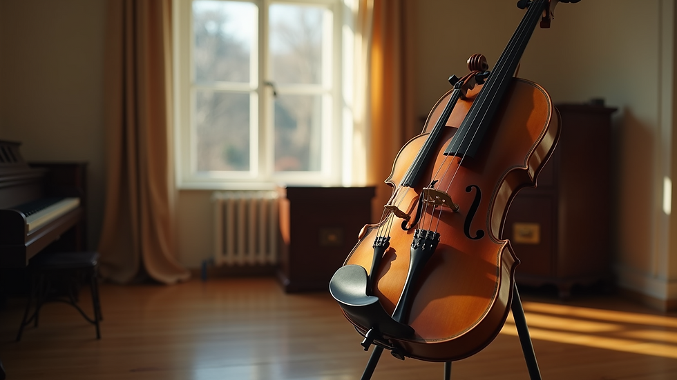 Eye-level view of a serene music room with a violin on a stand