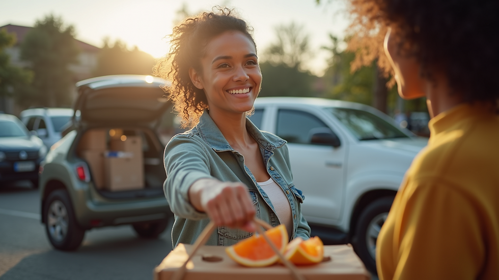 Eye-level view of a community volunteer handing food to a person in need