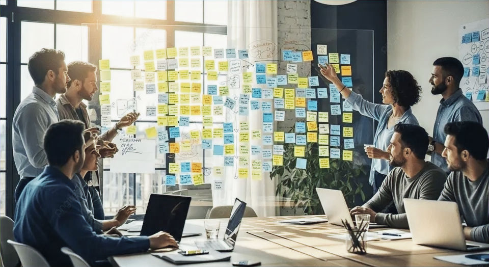 A team analysing a wall of sticky notes representing a company's growing complexity.