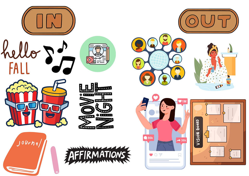 IN: Popcorn, movie night, journal, affirmations. OUT: Social media, online meetings, bathing, vision board. Colorful icons.