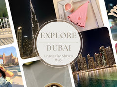 Collage of Dubai scenes: person boating near Atlantis, Burj Khalifa at night, pink cake, hand holding fan, sunflowers. Text: Explore Dubai.