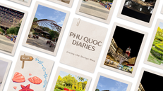 Travel scrapbook collage with PHU QUOC DIARIES title, night city scenes, beach doodles, and tropical landscape photos.