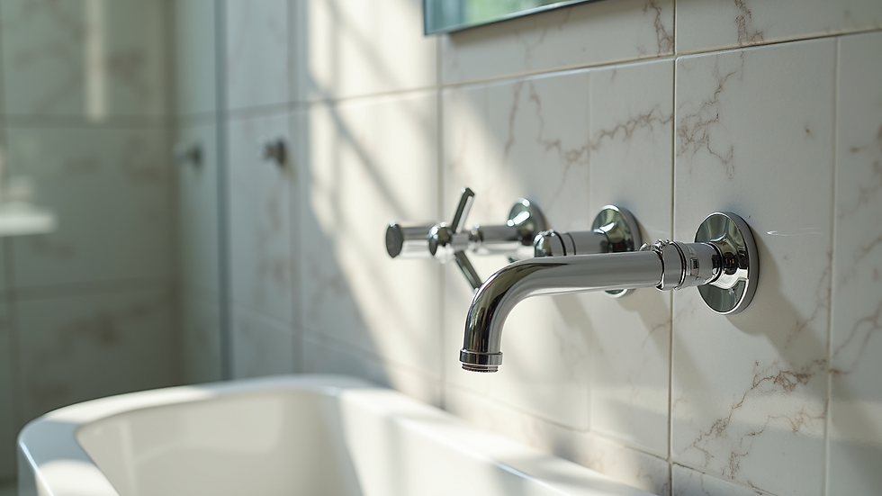 Close-up view of elegant bathroom tiles and chrome fixtures