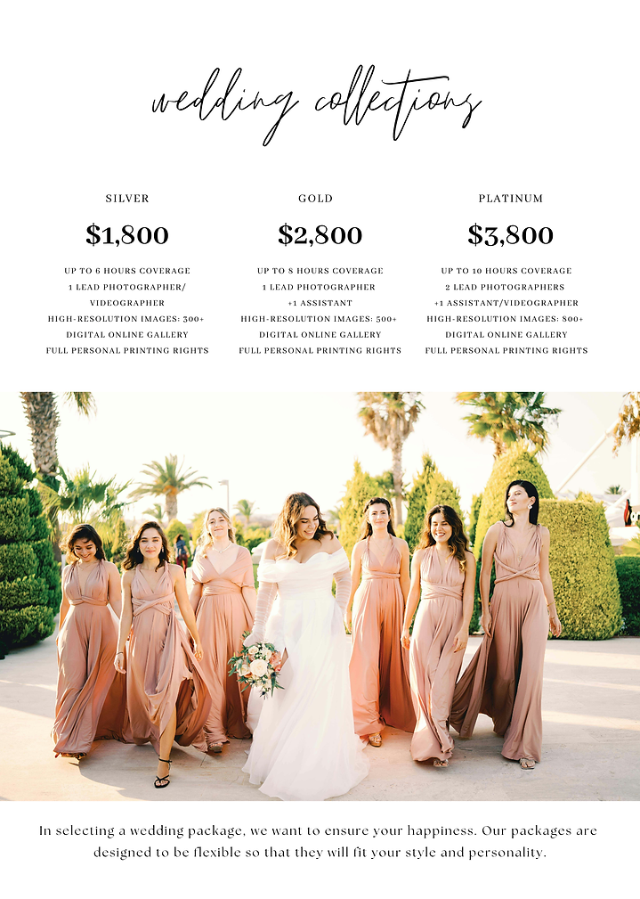 Wedding photography package tiers and pricing collections offered by Rebecca Victoria Photography in Phoenix, Arizona.