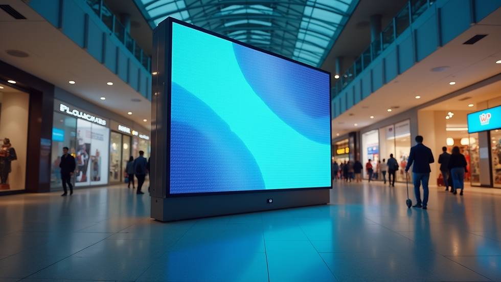 High angle view of a modern indoor LED display screen in a shopping mall