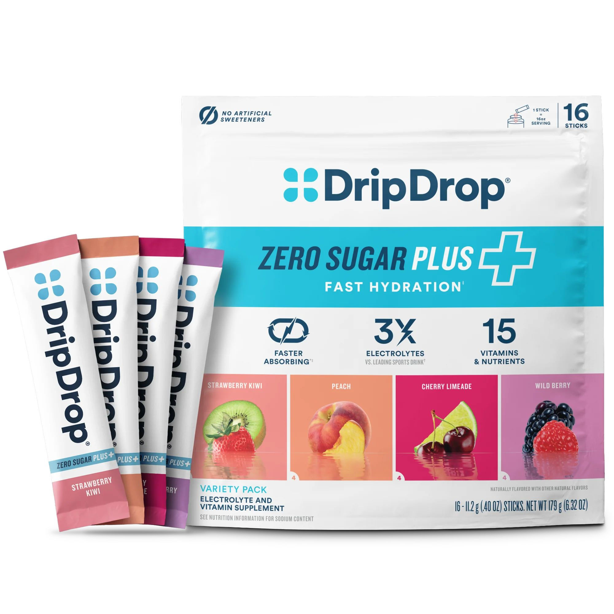 DripDrop Zero Sugar Plus, Strawberry Kiwi, Peach, Cherry Limeade, Wild Berry, 16