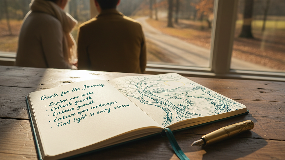 Close-up view of a notebook with handwritten goals and a pen