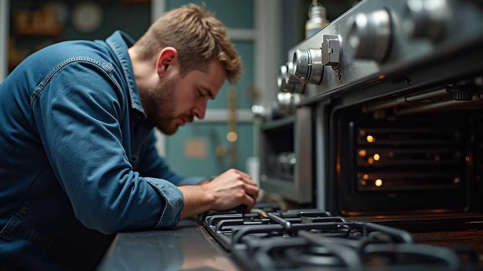 Eye-level view of a professional technician repairing a kitchen stove