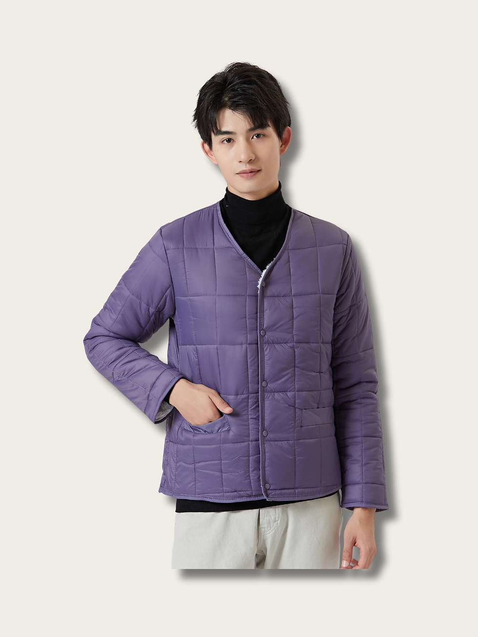 Model Wearing Purple Quilted Minimalist Japanese Jacket Front View
