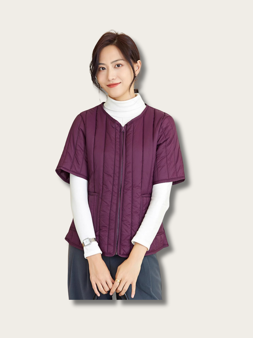 Model Wearing Violet Puff Layered Japanese Jacket Front View