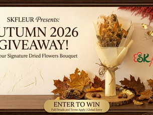 SKfleur Autumn 2026 Giveaway banner featuring a dried sunflower bouquet wrapped in cream paper with a twine bow, displayed on a wooden stand with autumn leaves and pinecones