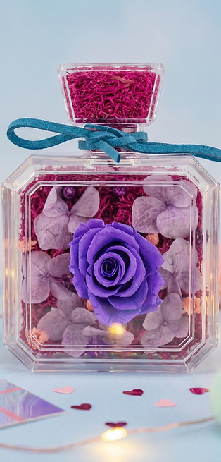 Classic Square Blooms in a Bottle: Purple Preserved Flowers