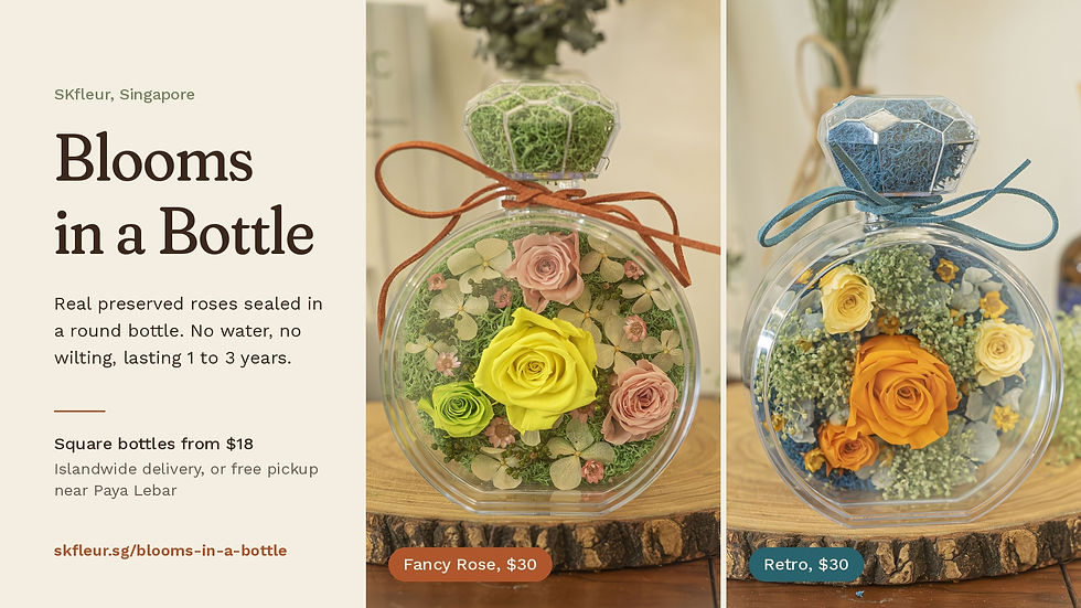 SKfleur Blooms in a Bottle banner showing two round preserved flower bottles on a wooden slice: the Fancy Rose with yellow, green and pink roses on green moss tied with a rust suede ribbon, and the Retro with orange and cream roses on blue moss tied with a teal ribbon. Text reads "Blooms in a Bottle, square bottles from $18".